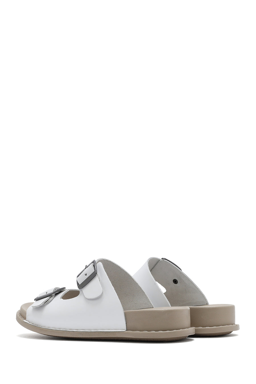 Women's White Double Buckled Leather Comfort Slippers