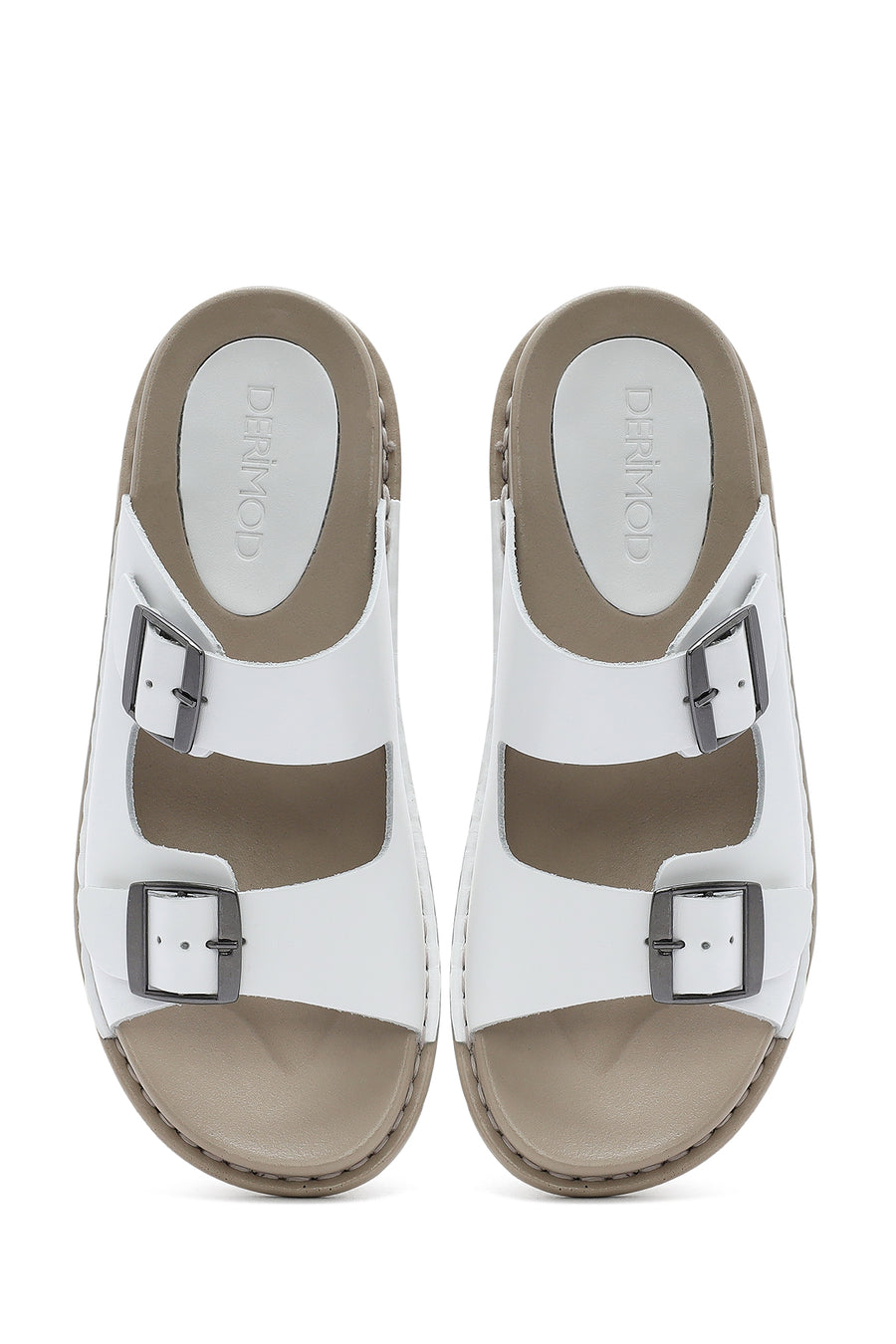 Women's White Double Buckled Leather Comfort Slippers