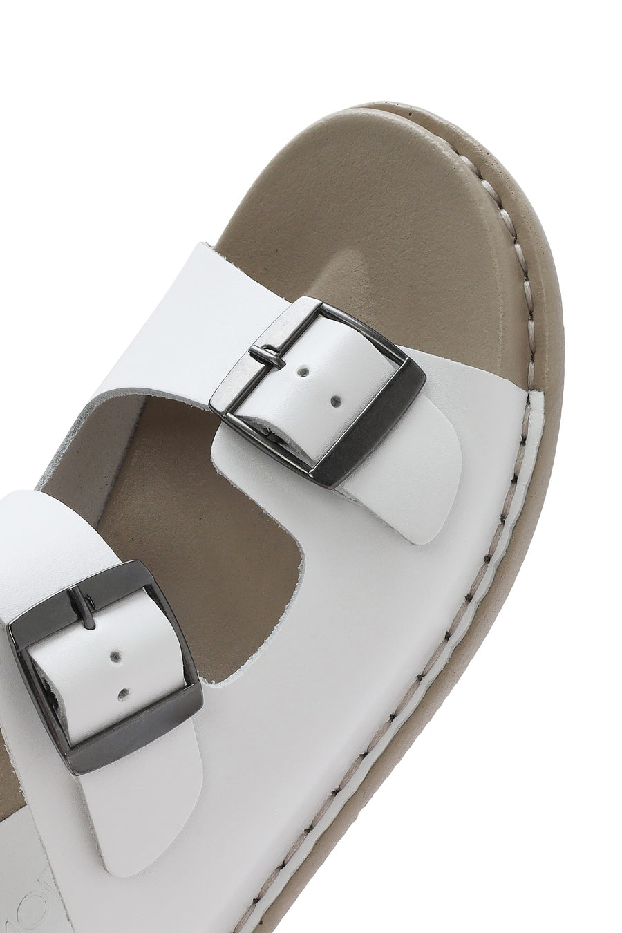 Women's White Double Buckled Leather Comfort Slippers