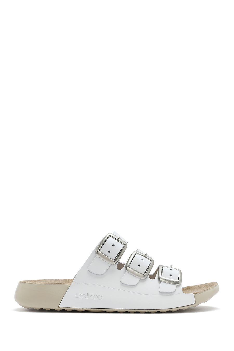 Women's White Buckled Leather Comfort Slippers 25SFD500118 | Derimod