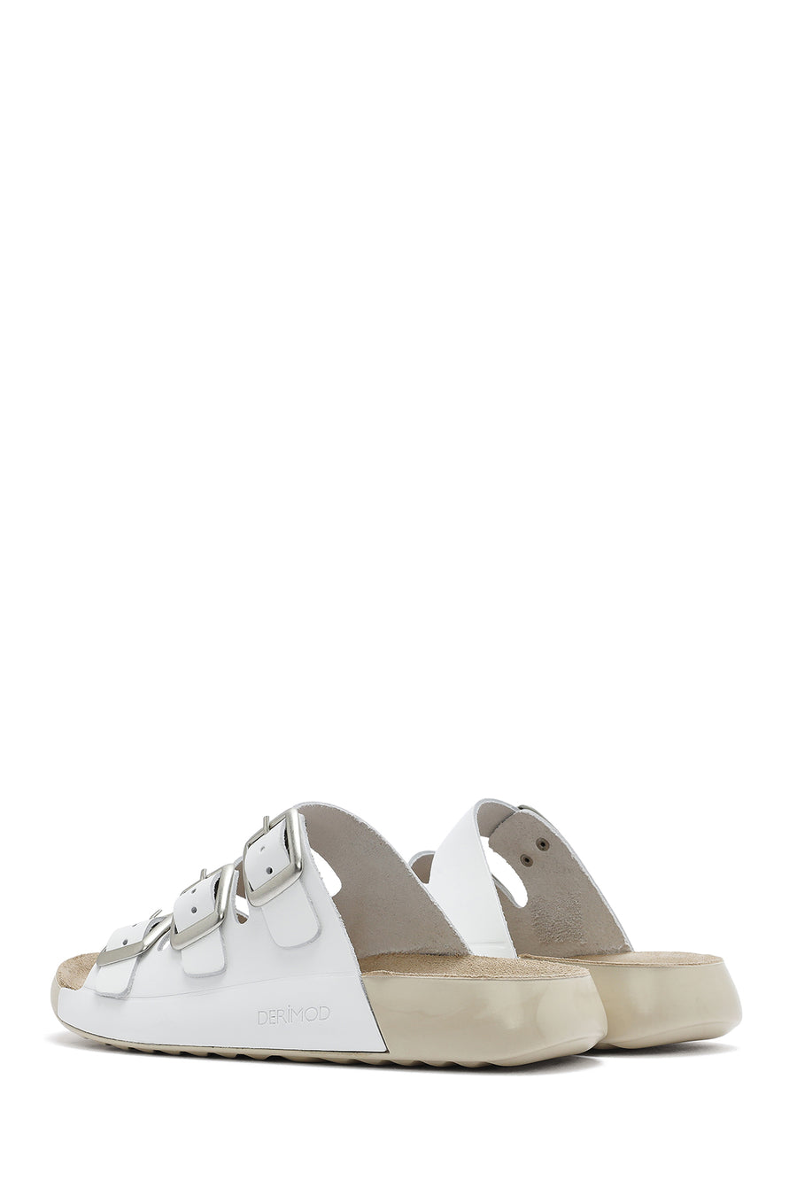 Women's White Buckled Leather Comfort Slippers