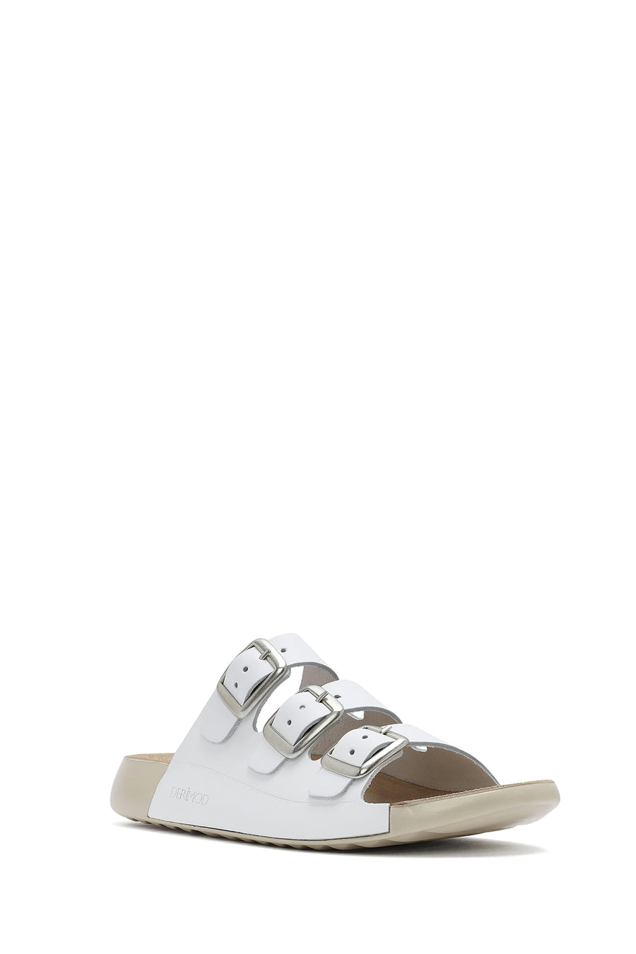 Women's White Buckled Leather Comfort Slippers