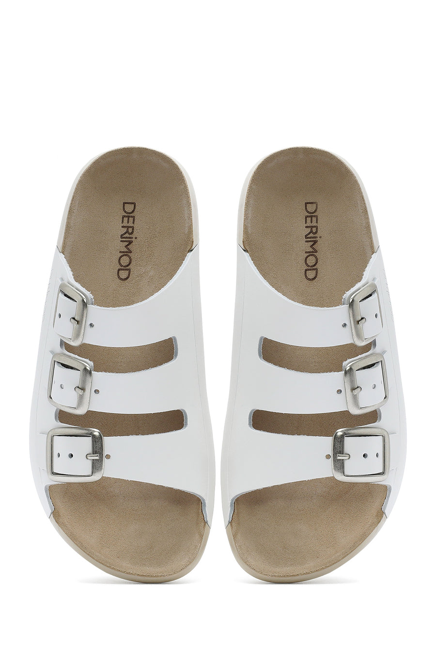 Women's White Buckled Leather Comfort Slippers