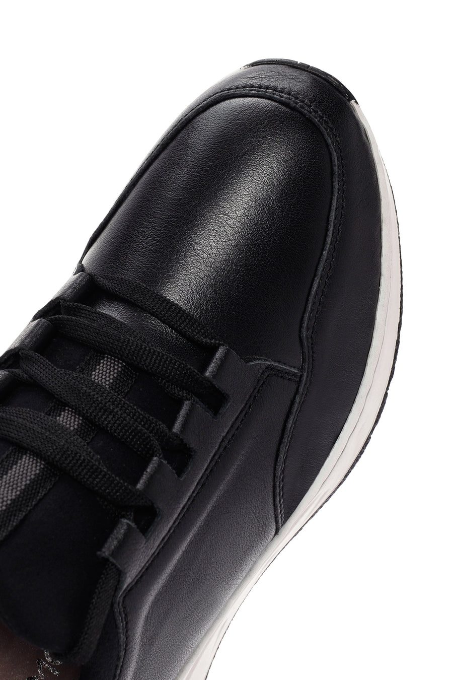 Women's Black Lace-up Thick-Sole Leather Sneaker
