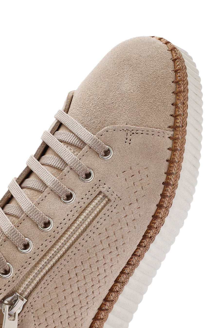 Women's Beige Lace-Up Chunky Sole Suede Leather Sneakers