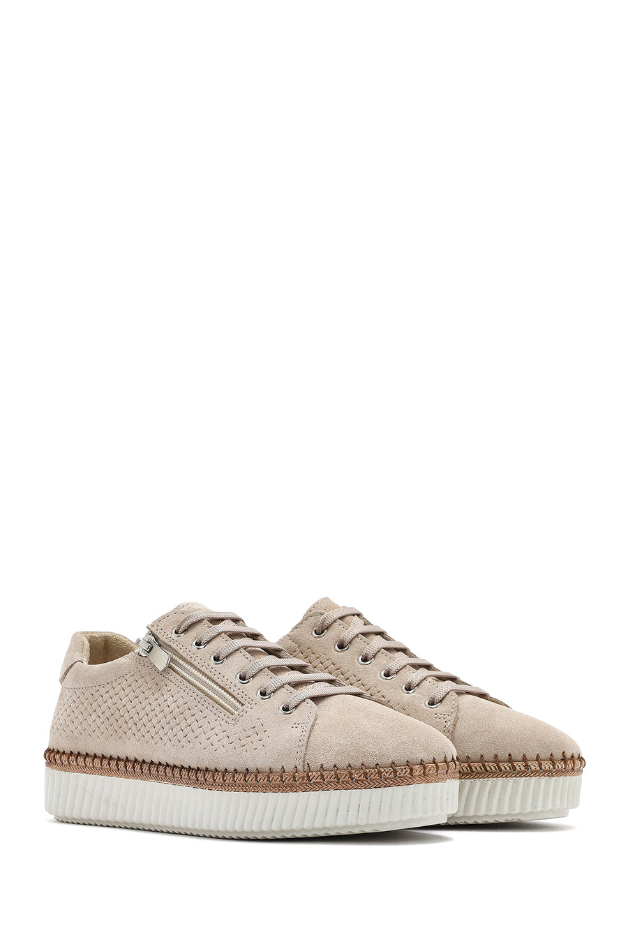 Women's Beige Lace-Up Chunky Sole Suede Leather Sneakers