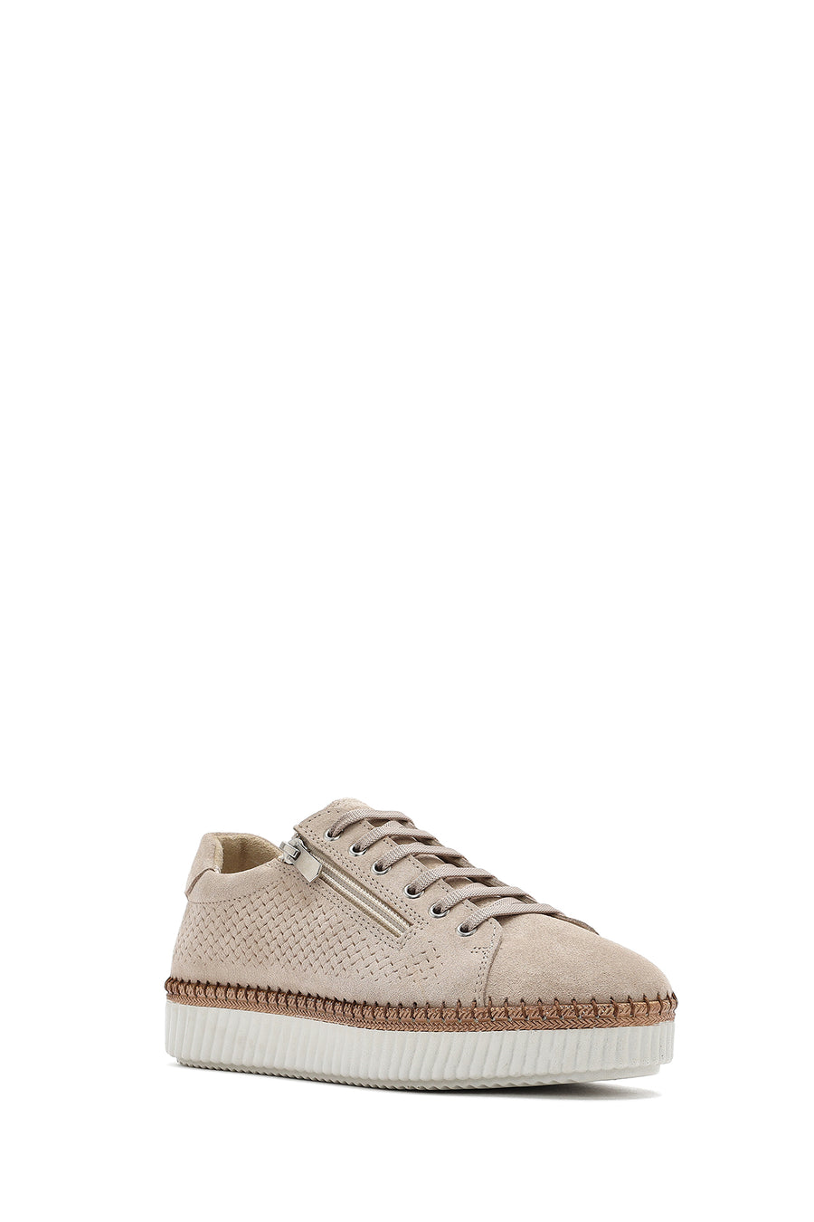 Women's Beige Lace-Up Chunky Sole Suede Leather Sneakers
