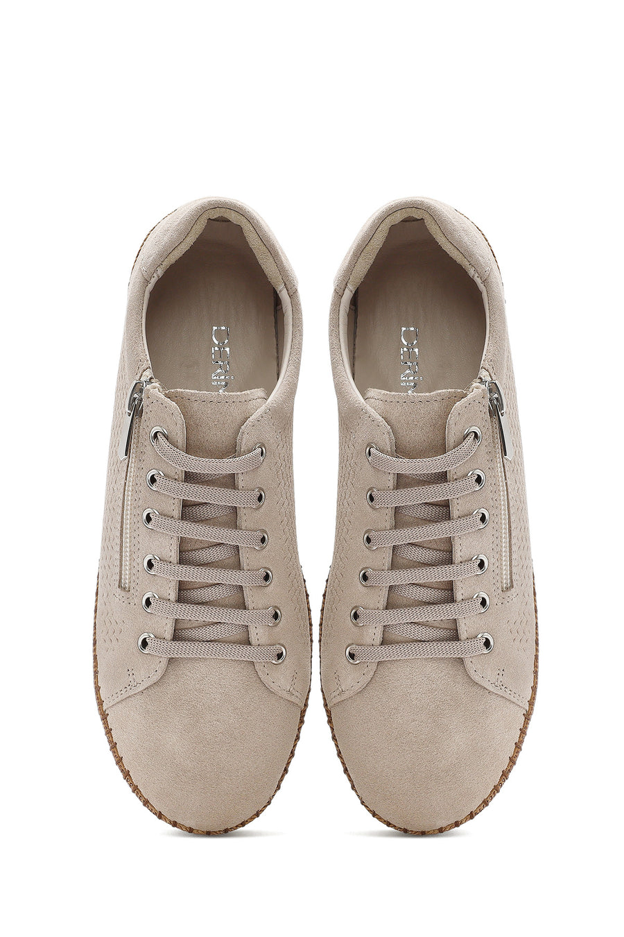 Women's Beige Lace-Up Chunky Sole Suede Leather Sneakers