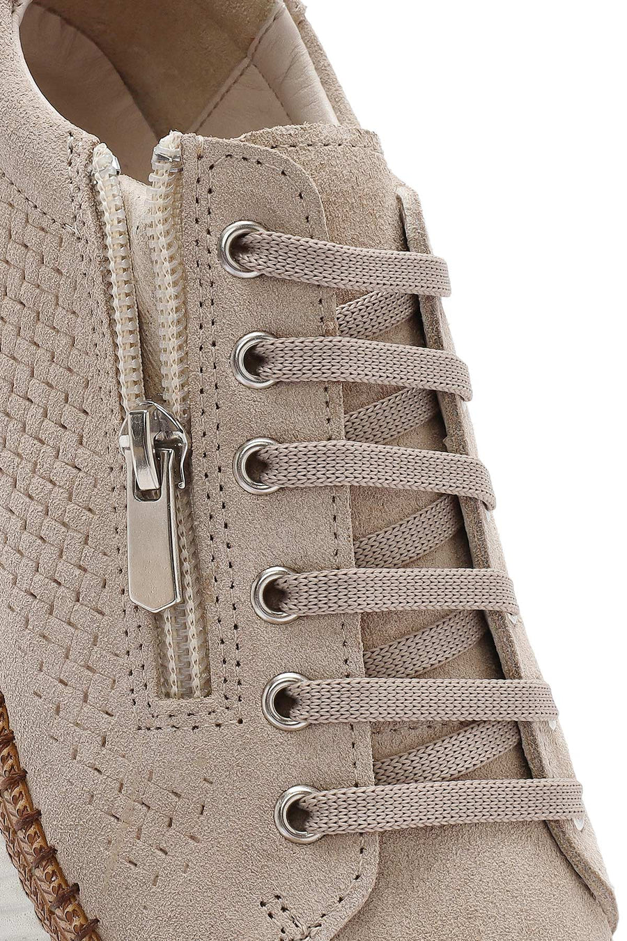 Women's Beige Lace-Up Chunky Sole Suede Leather Sneakers