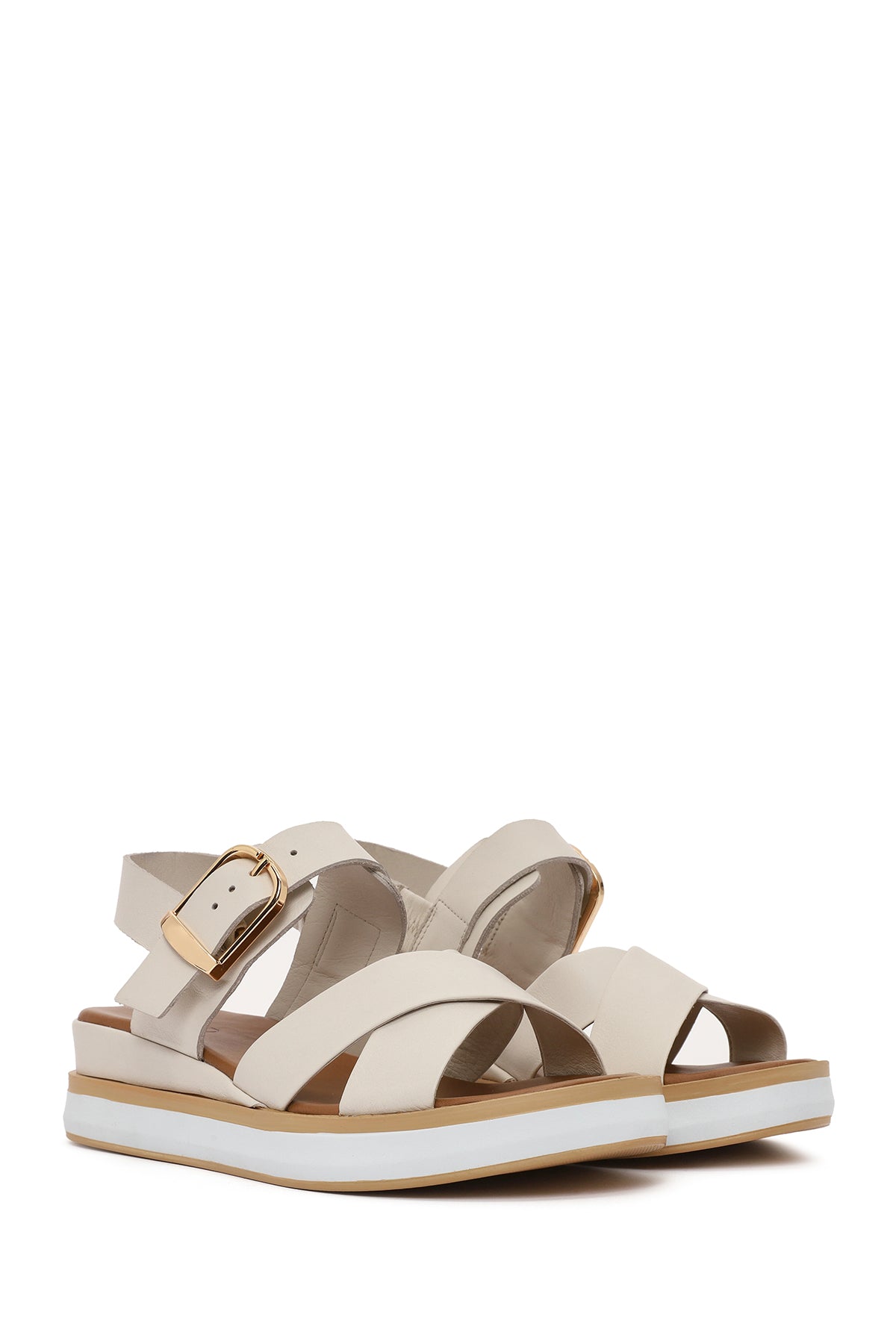 Kadın Krem Bilekten Tokalı Kalın Tabanlı Deri Sandalet