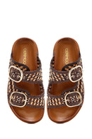 Women's Brown Double Buckled Straw Leather Slippers | Derimod