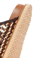 Women's Brown Double Buckled Straw Leather Slippers | Derimod