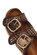 Women's Multi-Colored Double Buckled Straw Leather Slippers | Derimod