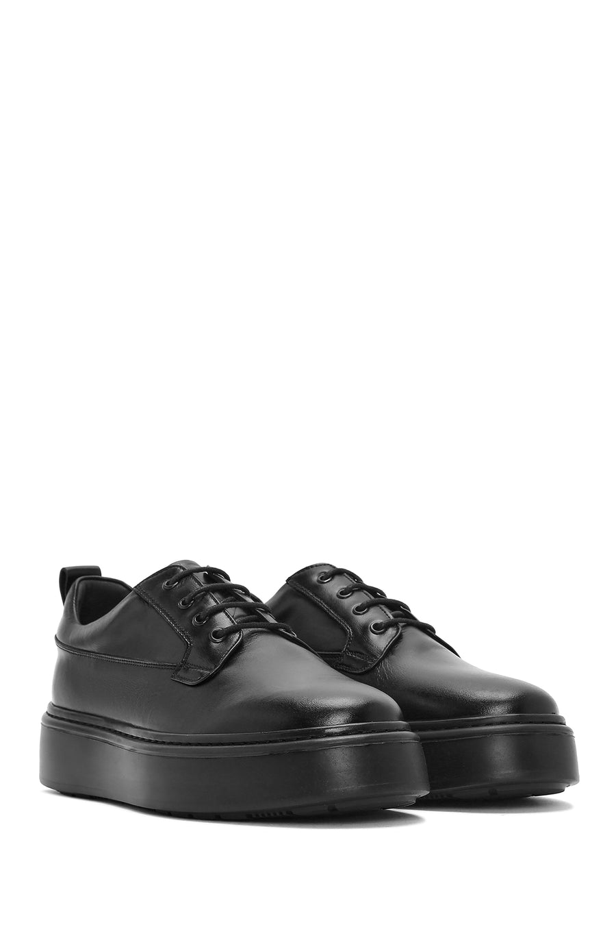 Men's Black Lace-Up Thick-Soled Leather Casual Shoes