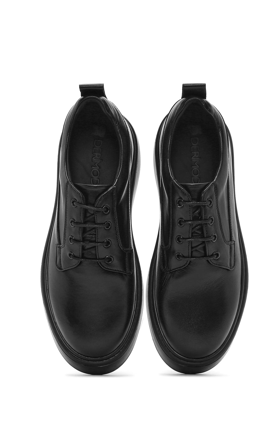 Men's Black Lace-Up Thick-Soled Leather Casual Shoes