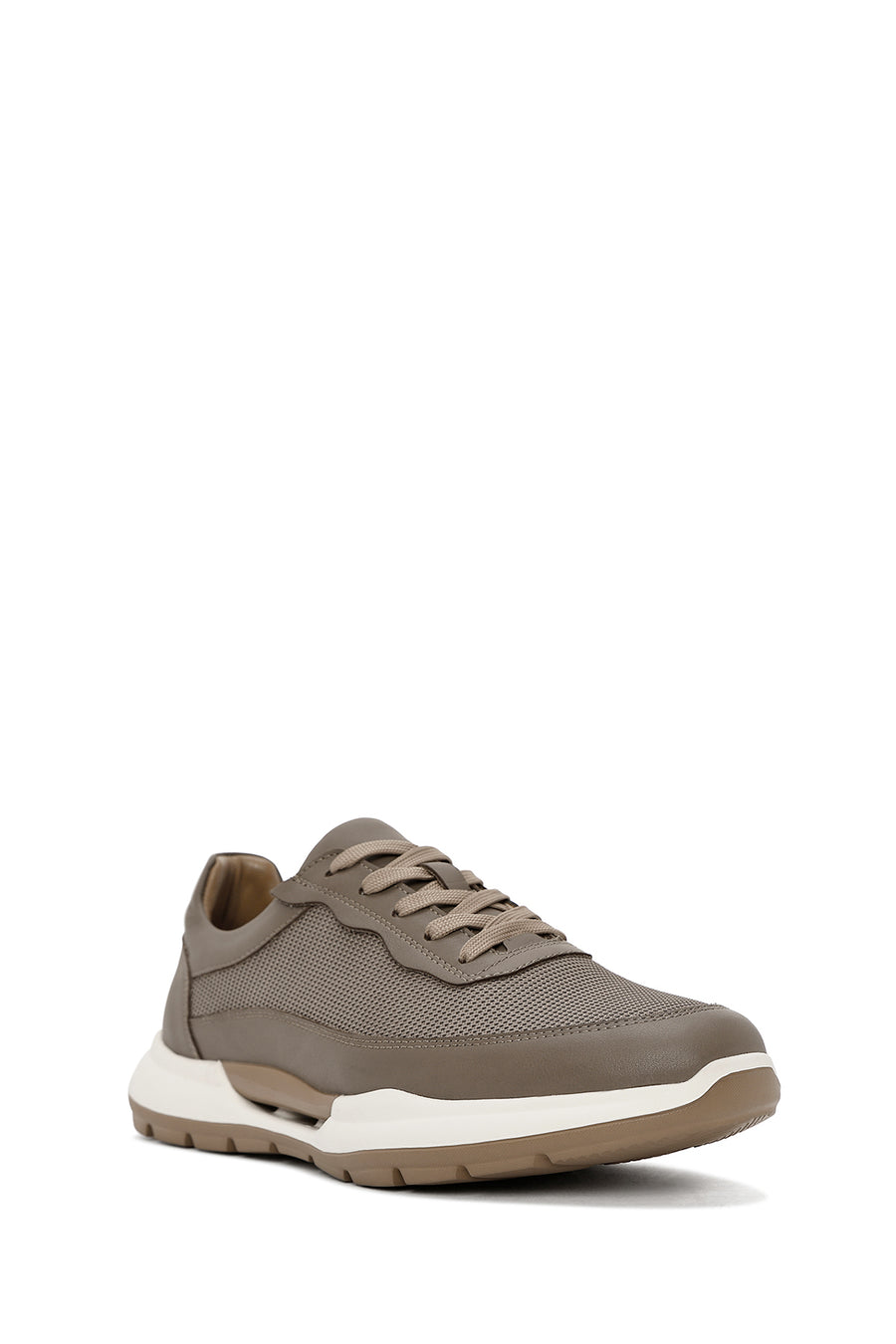 Erkek Vizon Bağcıklı Deri Sneaker