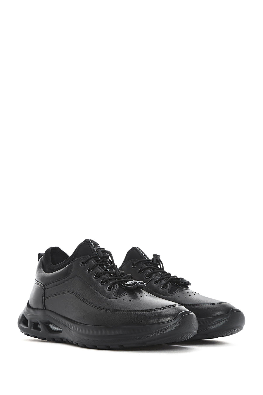 Men's Black Lace-Up Thick-Soled Leather Casual Shoes