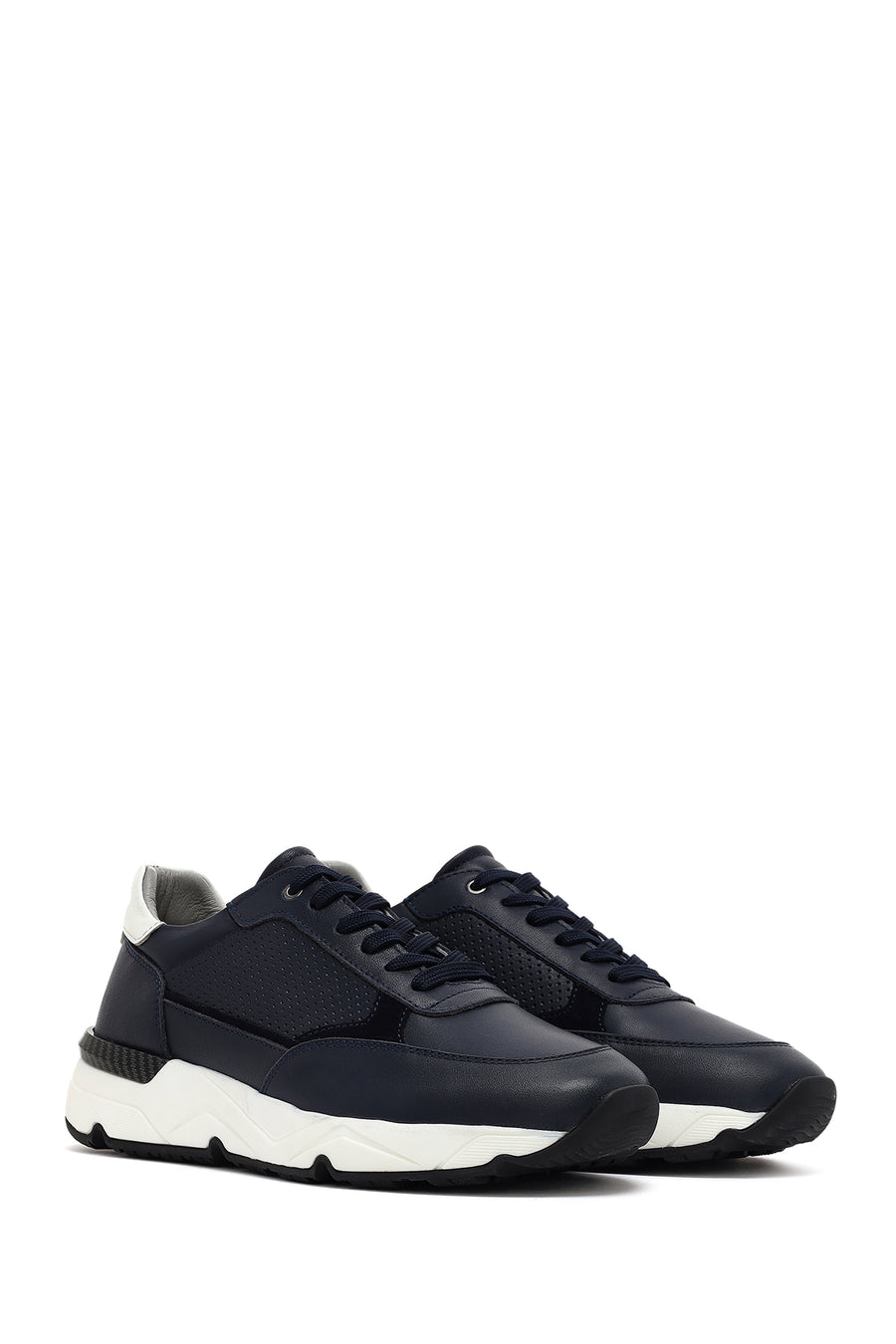 Men's Navy Blue Lace-up Thick-Sole Leather Sneaker