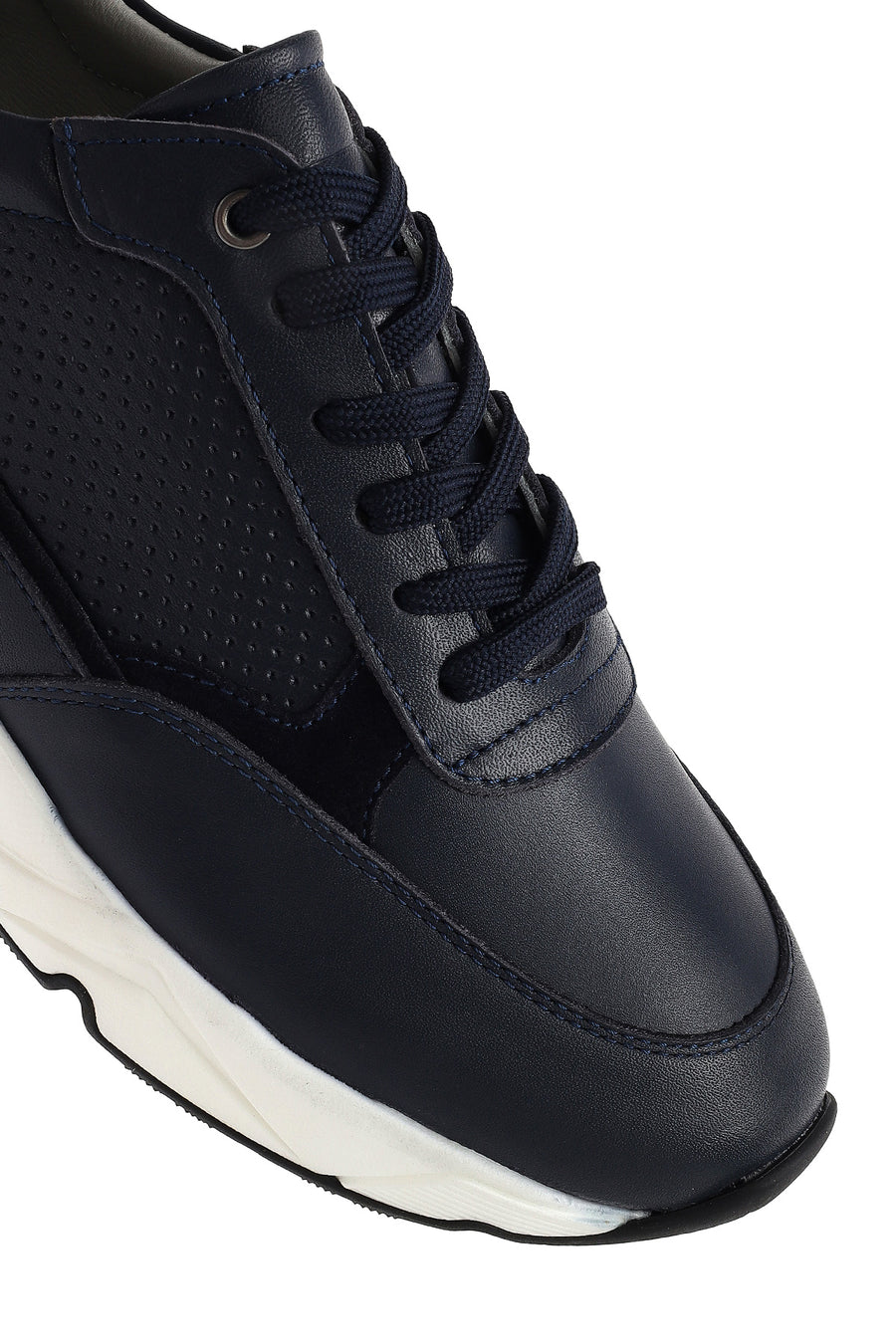Men's Navy Blue Lace-up Thick-Sole Leather Sneaker