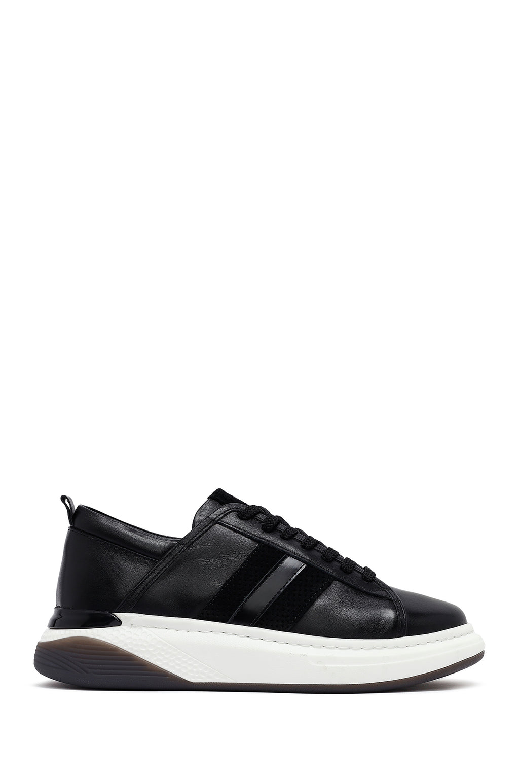 Erkek Siyah Bağcıklı Kalın Tabanlı Deri Sneaker