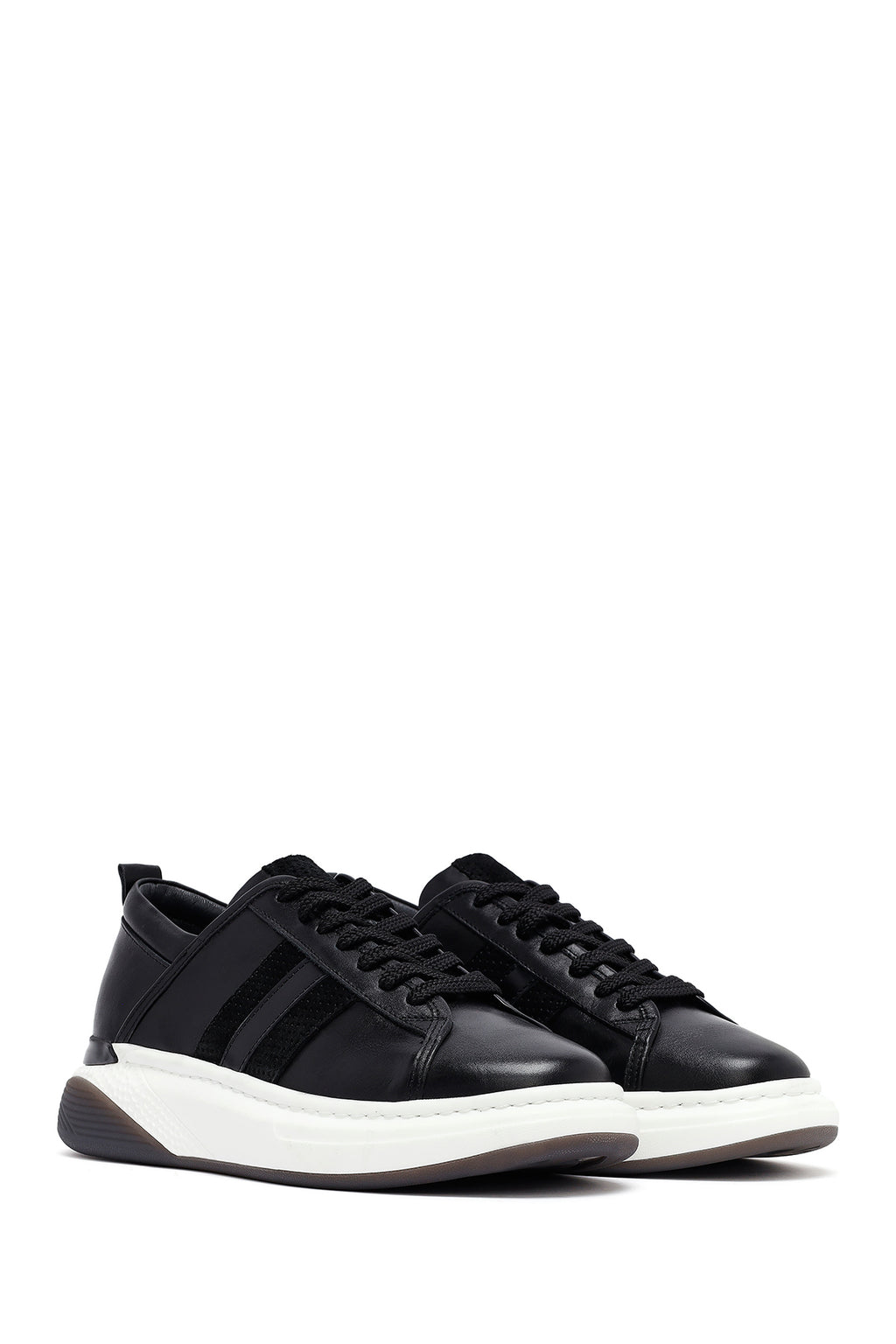 Erkek Siyah Bağcıklı Kalın Tabanlı Deri Sneaker