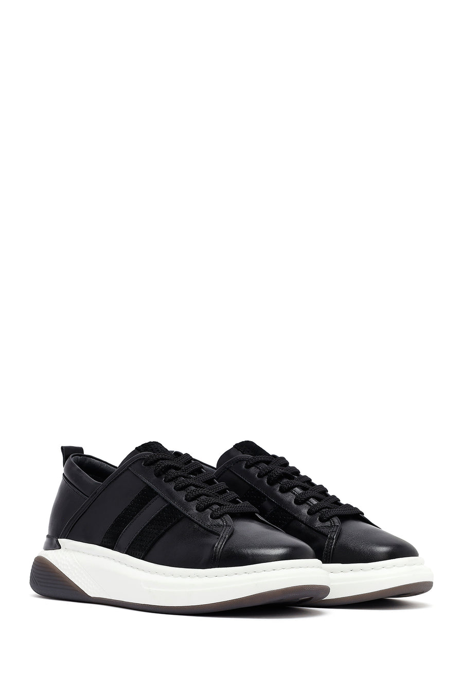 Erkek Siyah Bağcıklı Kalın Tabanlı Deri Sneaker