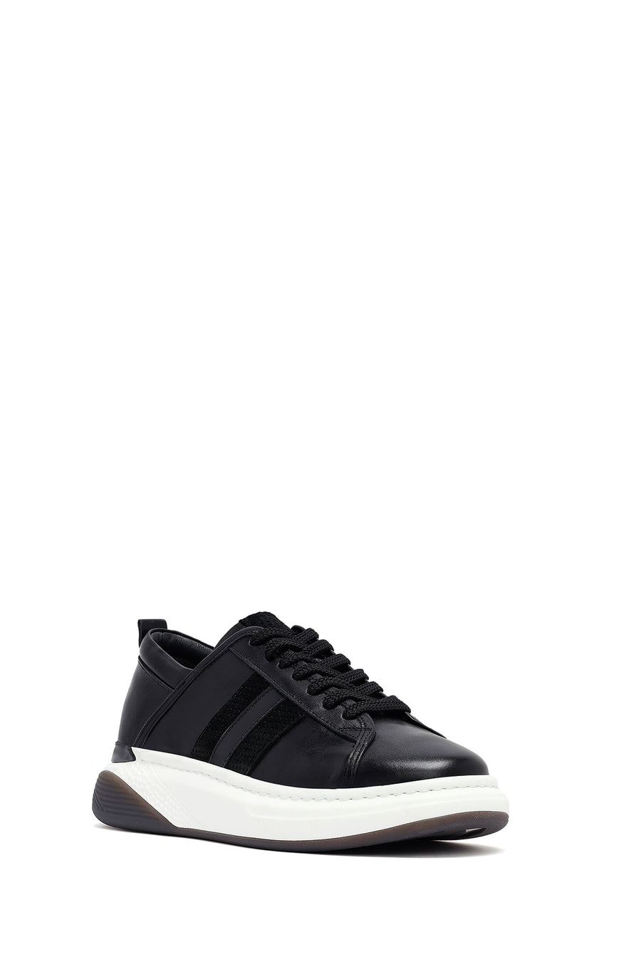 Erkek Siyah Bağcıklı Kalın Tabanlı Deri Sneaker