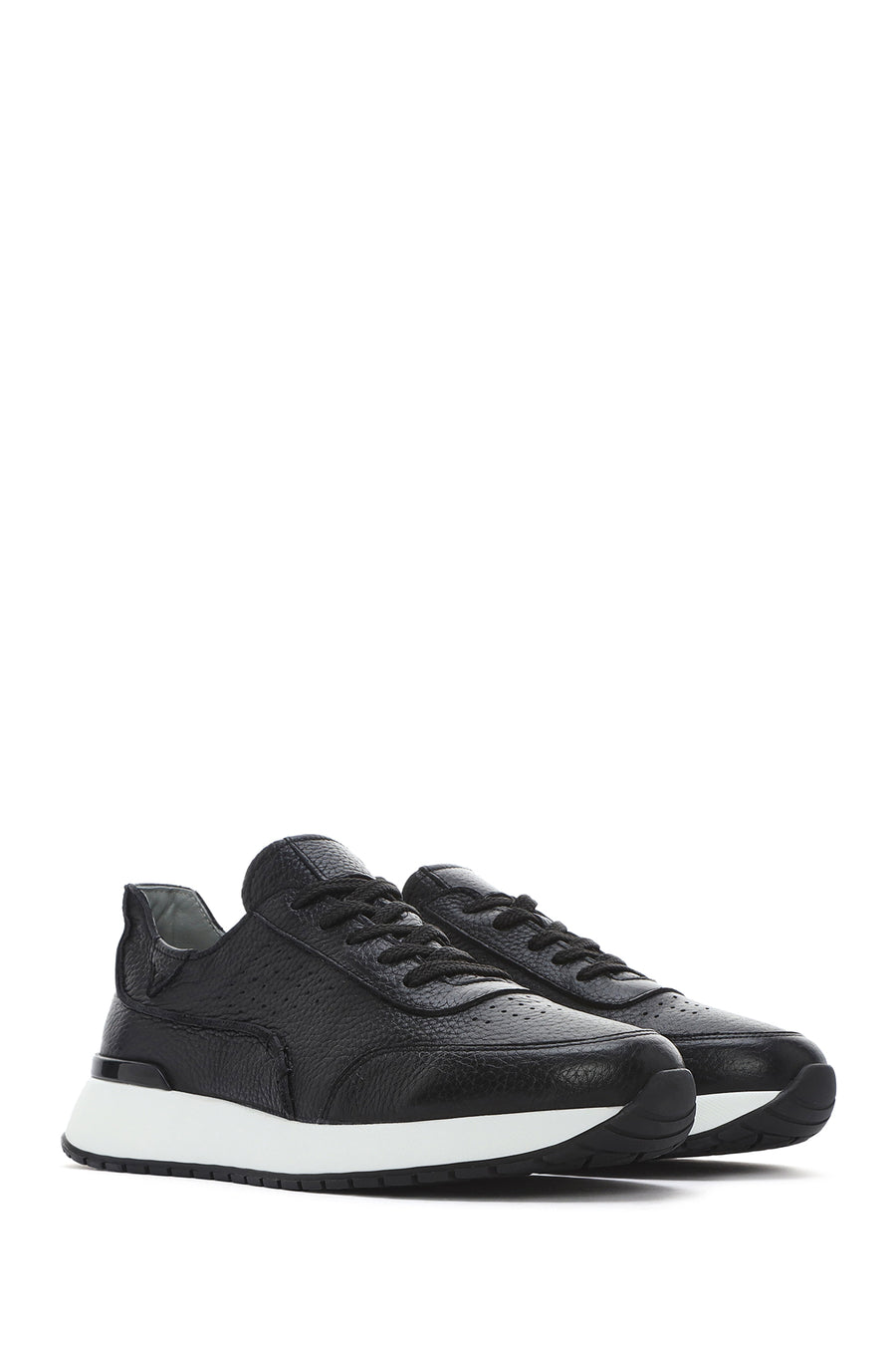 Erkek Siyah Bağcıklı Kalın Tabanlı Deri Casual Sneaker