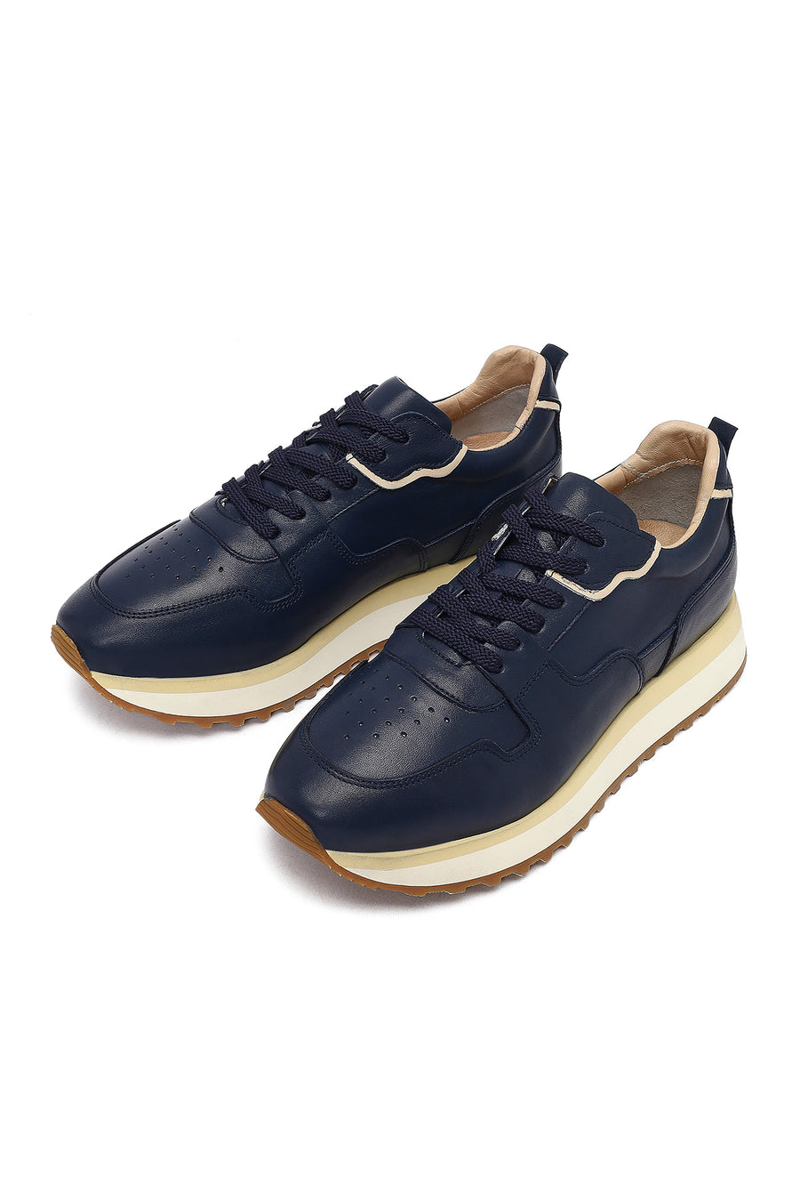 Men's Navy Blue Lace-Up Thick Sole Leather Sneaker