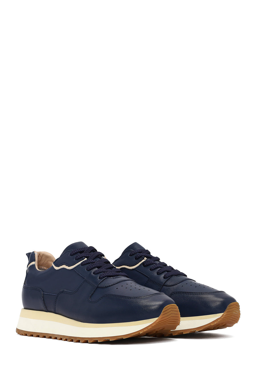 Men's Navy Blue Lace-Up Thick Sole Leather Sneaker