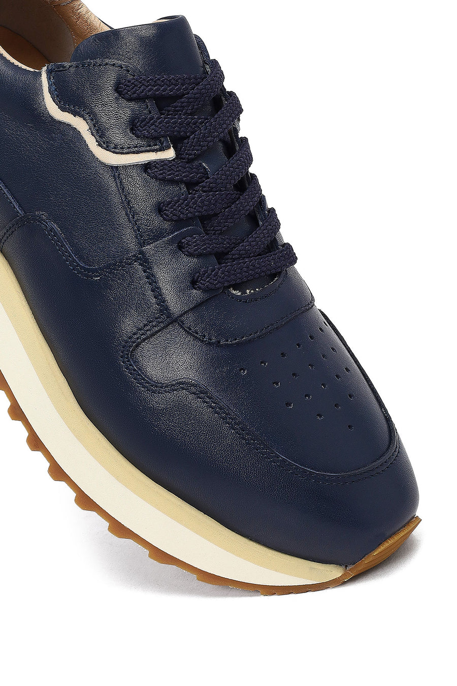 Men's Navy Blue Lace-Up Thick Sole Leather Sneaker
