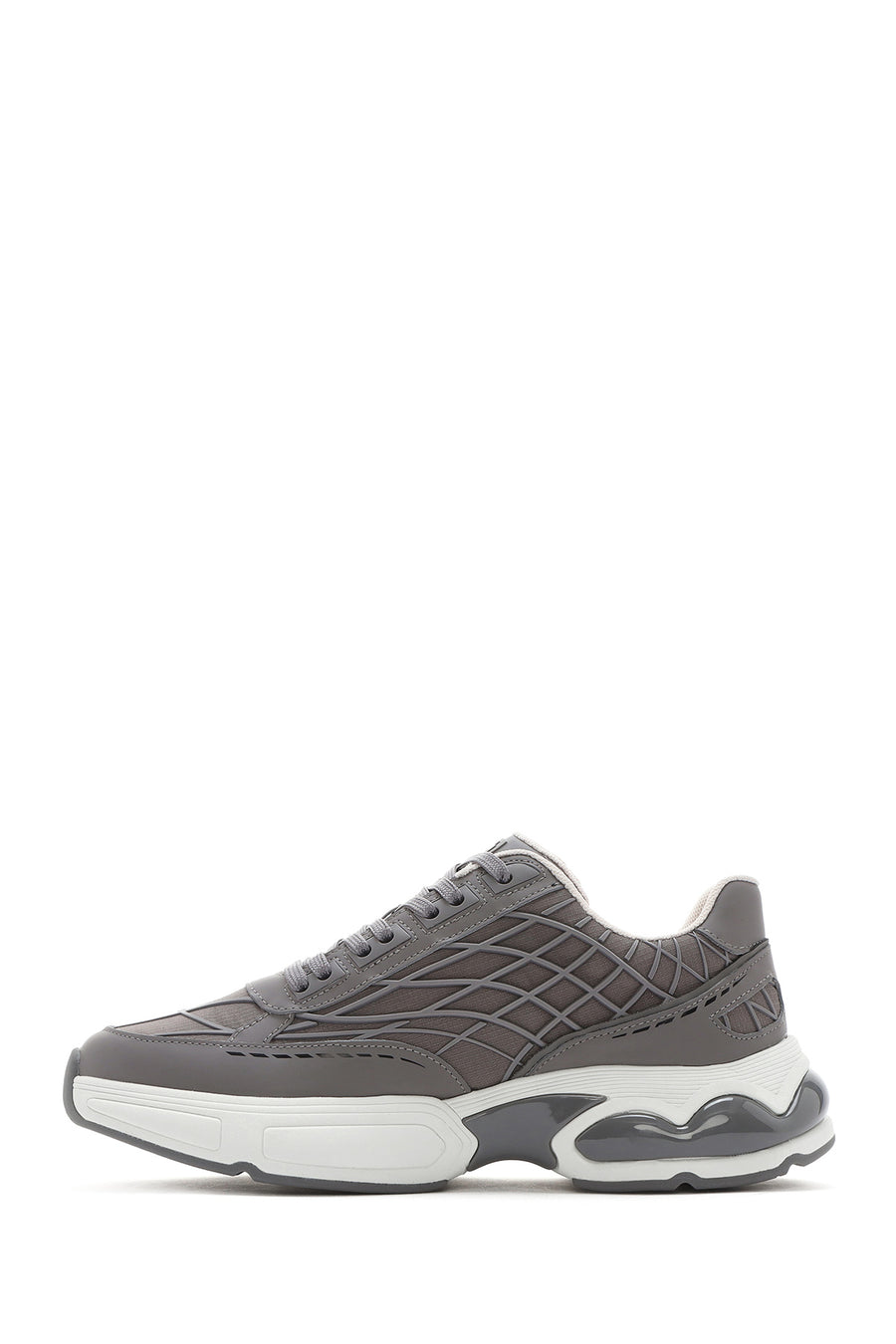 Men's Grey Lace-Up Thick-Sole Fabric Sneakers