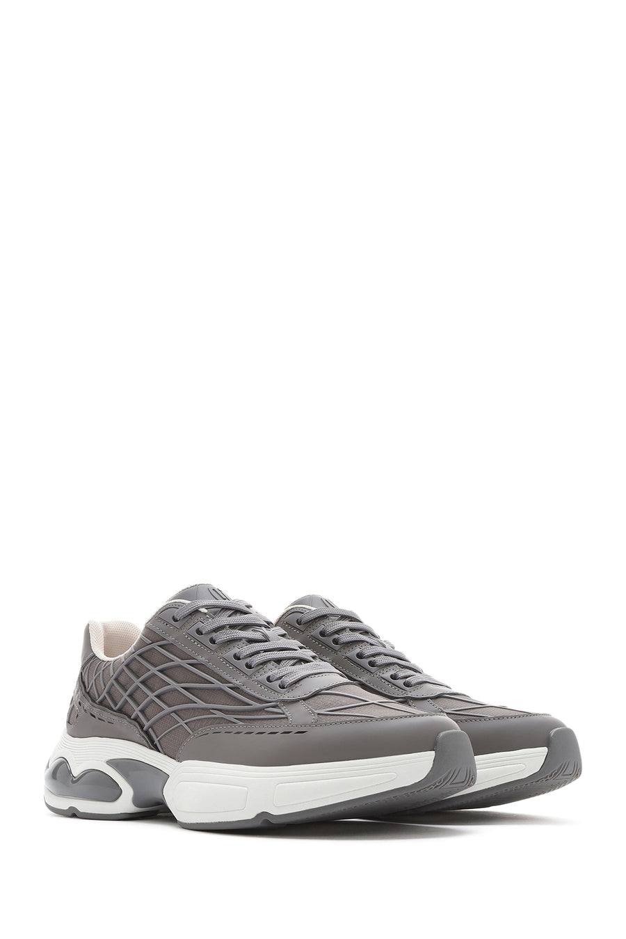 Men's Grey Lace-Up Thick-Sole Fabric Sneakers