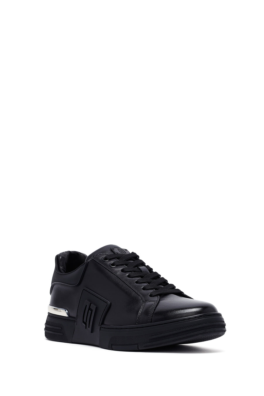 Men's Black Lace-up Thick-Sole Leather Sneaker