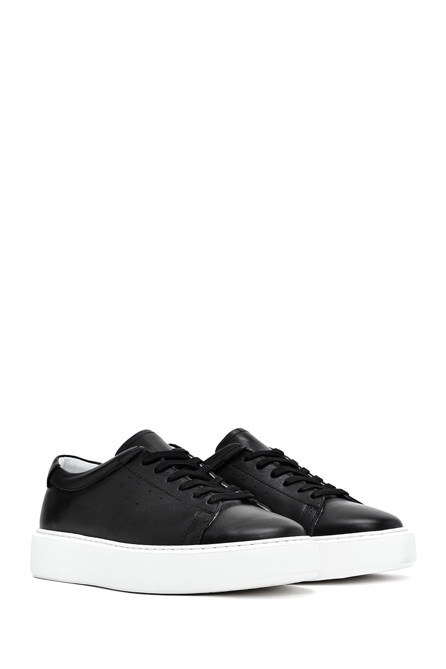 Erkek Siyah Bağcıklı Kalın Tabanlı Deri Sneaker