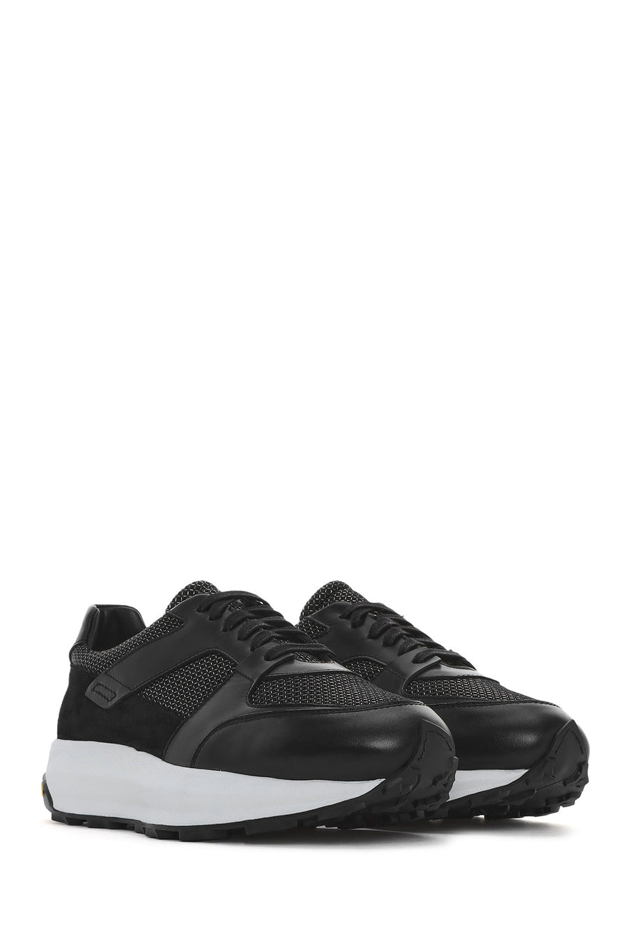 Men's Black Lace-up Thick-Sole Leather Sneaker
