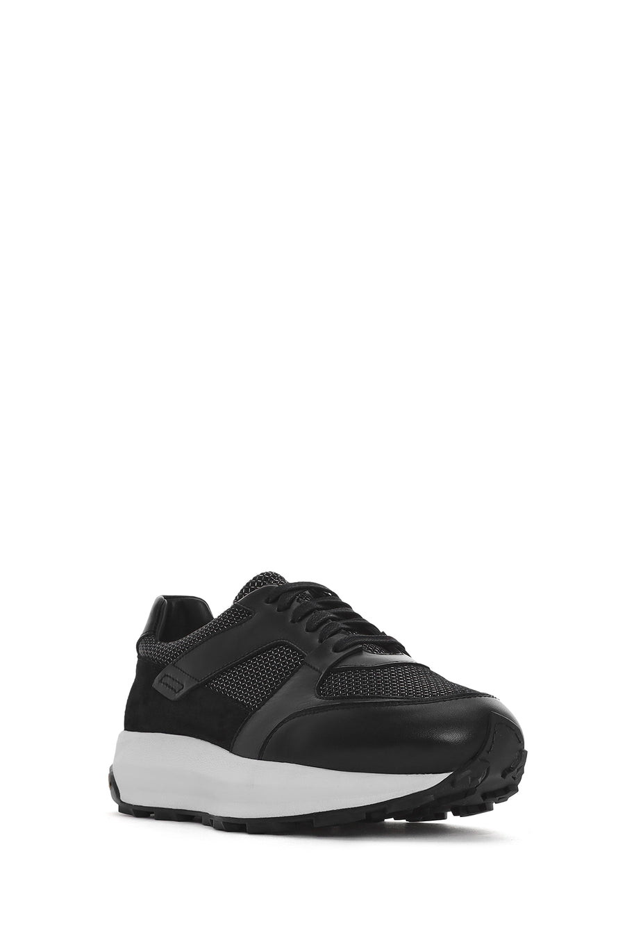 Men's Black Lace-up Thick-Sole Leather Sneaker