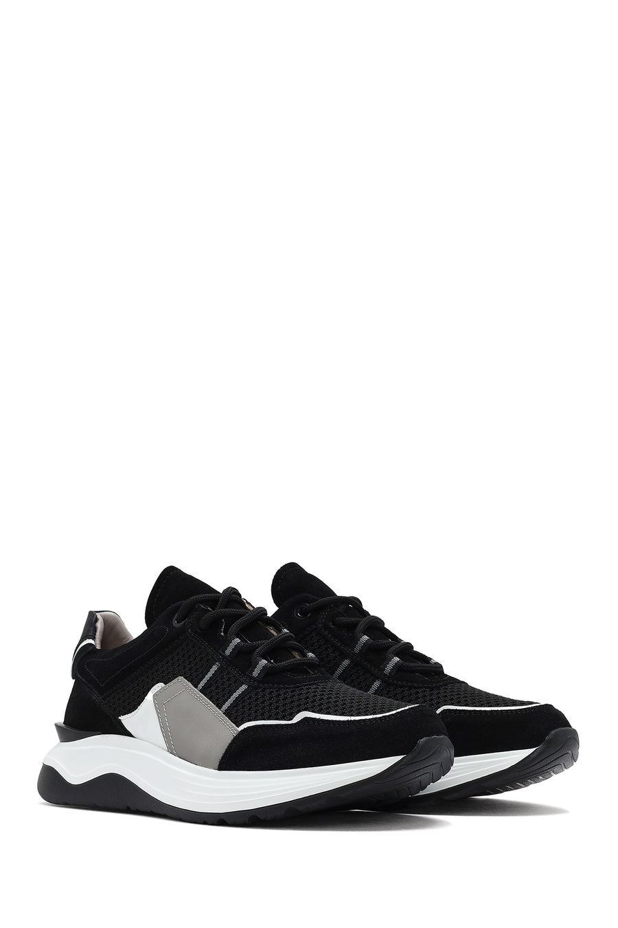 Men's Black Lace-up Thick-Sole Leather Sneaker