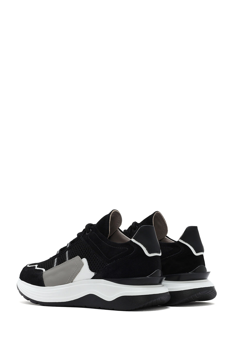Men's Black Lace-up Thick-Sole Leather Sneaker
