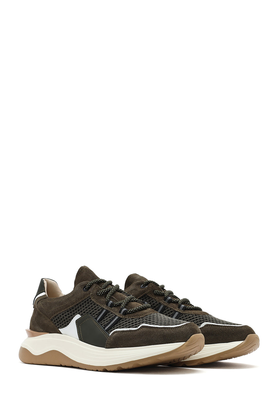 Erkek Haki Bağcıklı Kalın Tabanlı Deri Sneaker