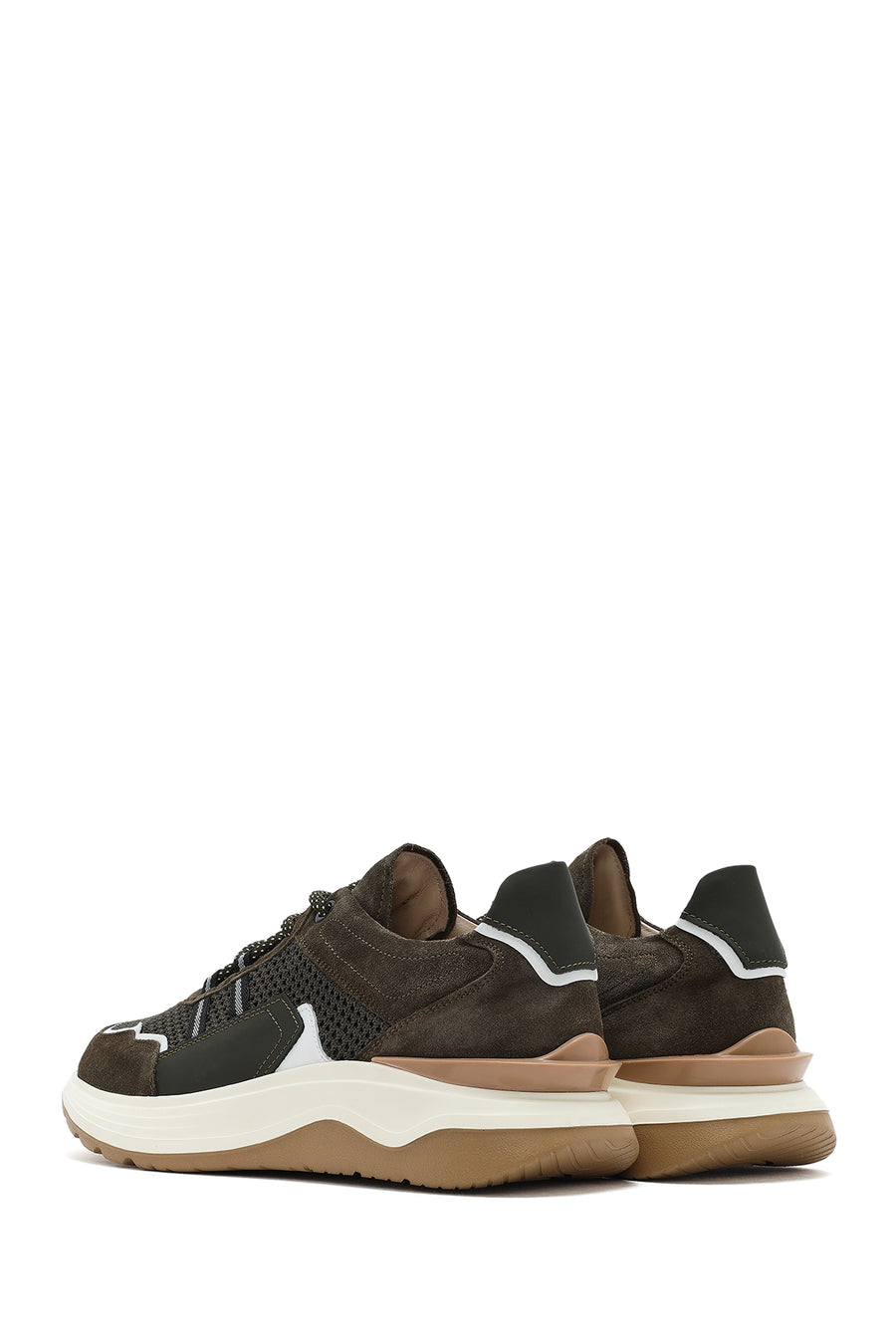 Erkek Haki Bağcıklı Kalın Tabanlı Deri Sneaker