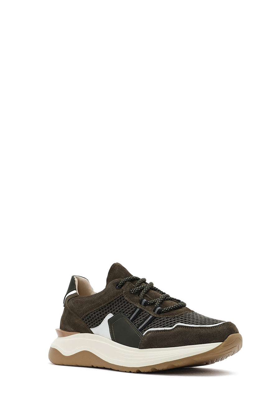 Erkek Haki Bağcıklı Kalın Tabanlı Deri Sneaker