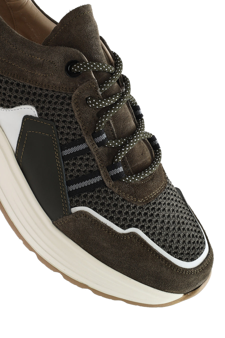 Erkek Haki Bağcıklı Kalın Tabanlı Deri Sneaker