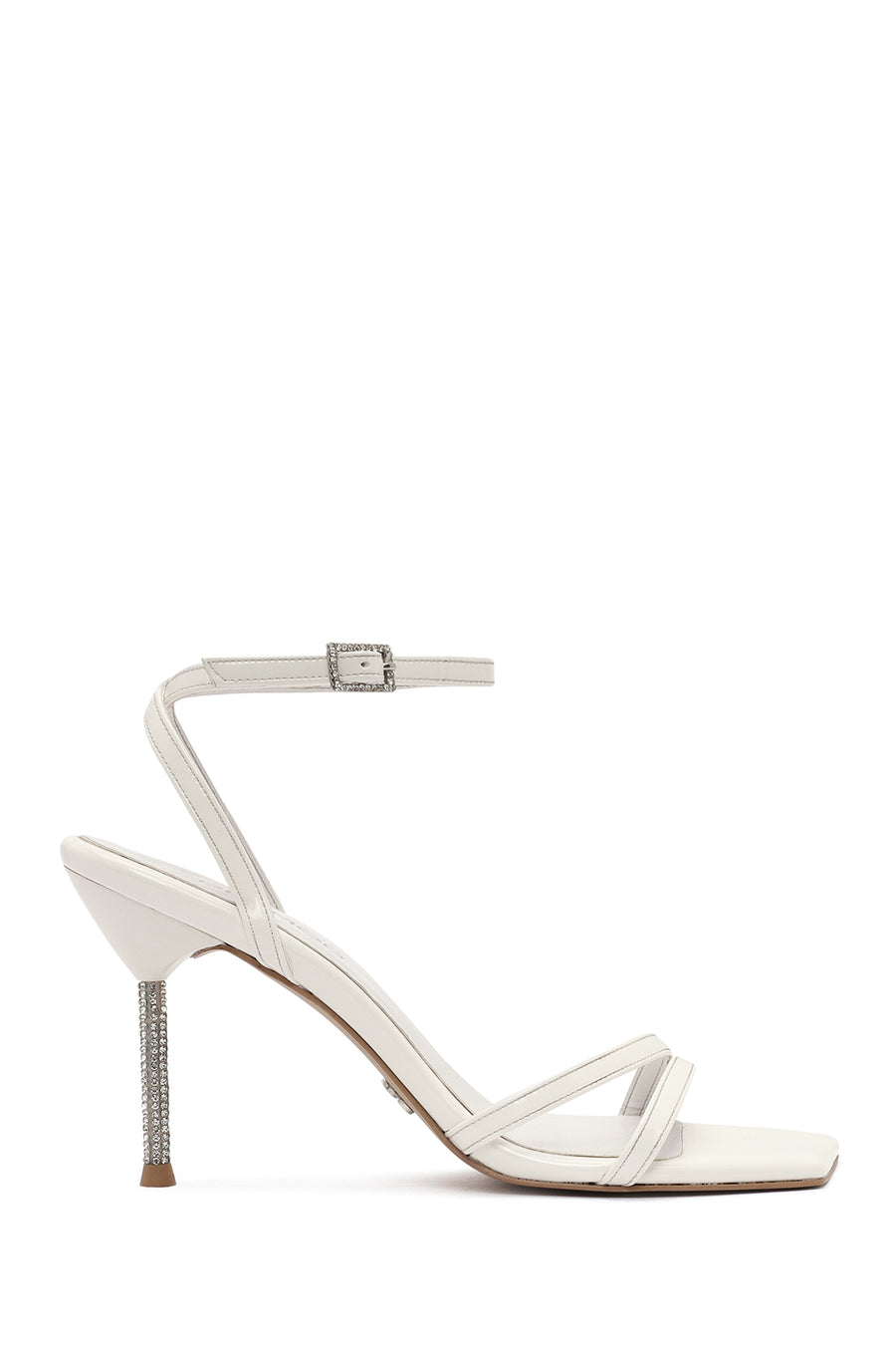 Women's White Ankle Buckle Stoned Thin Heel Patent Leather Sandals 25SFE391416 | Derimod