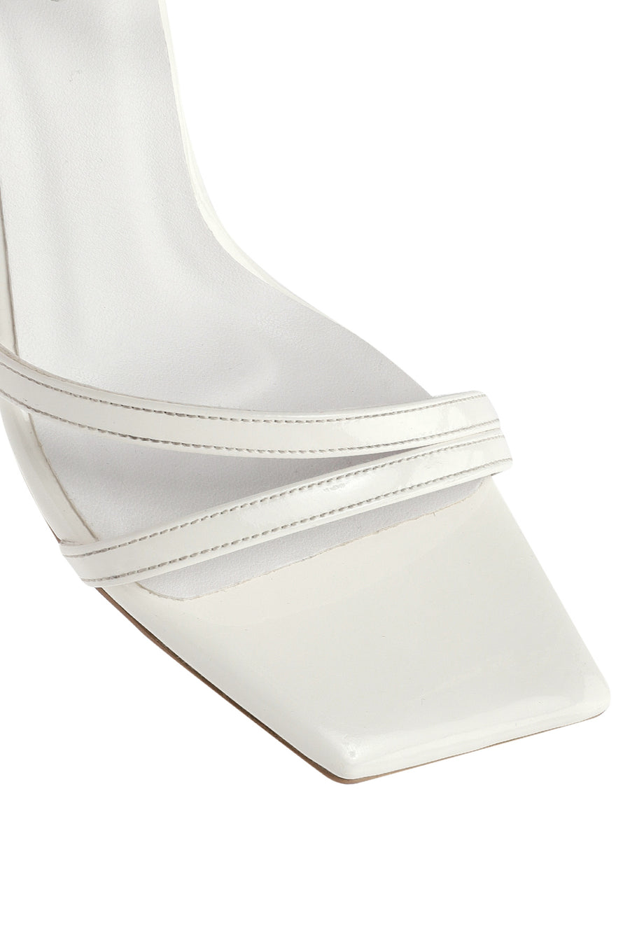 Women's White Ankle Buckle Stoned Thin Heel Patent Leather Sandals
