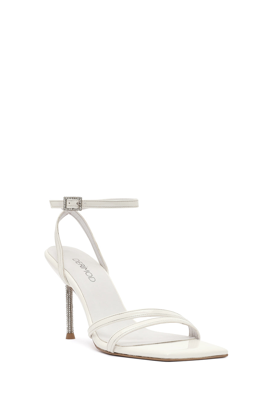 Women's White Ankle Buckle Stoned Thin Heel Patent Leather Sandals