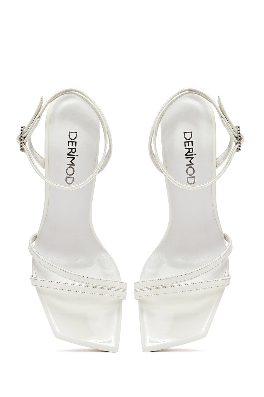 Women's White Ankle Buckle Stoned Thin Heel Patent Leather Sandals