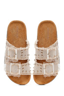 Women's Beige Stone Detailed Fabric Slippers | Derimod