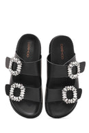 Women's Black Buckled Stoned Slippers | Derimod