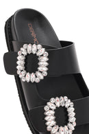 Women's Black Buckled Stoned Slippers | Derimod